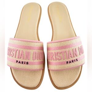 Christian Dior Dway Rose Begonia Pink Raffia Beige Logo Slide Flat Sandal 38.5